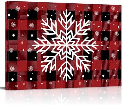 Christmas Snowflake Canvas Print Wall Art - Red and Black Checkered Buffalo Plaid - Wall Decor Modern Artwork Paintings Pictures for Living Room Stretched and Framed Ready to Hang - 24" x 36"