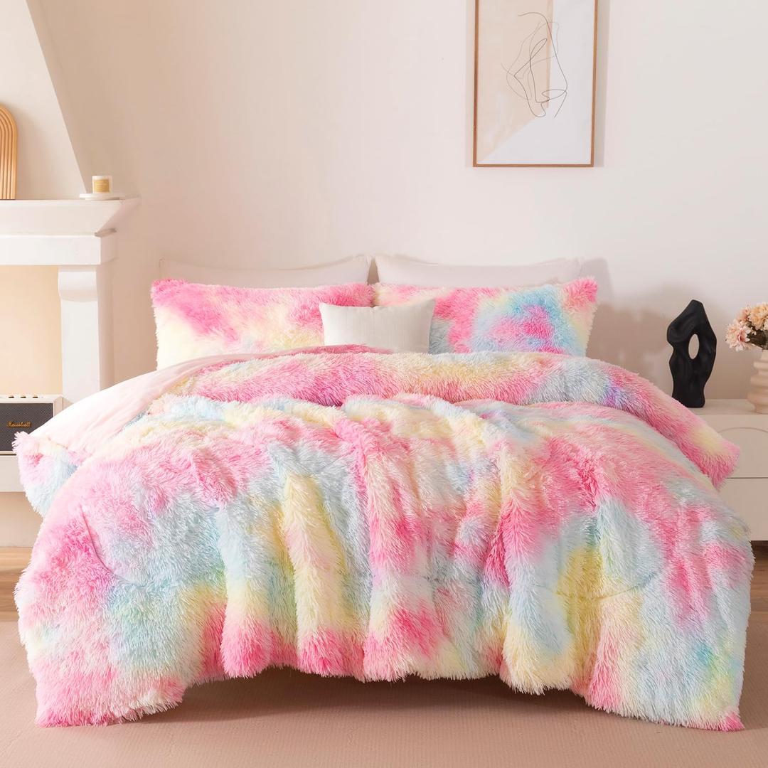 Faux Fur Fluffy Bedding Set Queen Size 3 Pieces Pink Rainbow Plush Shaggy Girls Comforter Set Tie Dye Furry Warm Kids Bedding with Pillowcases (Rainbow, Full/Queen)