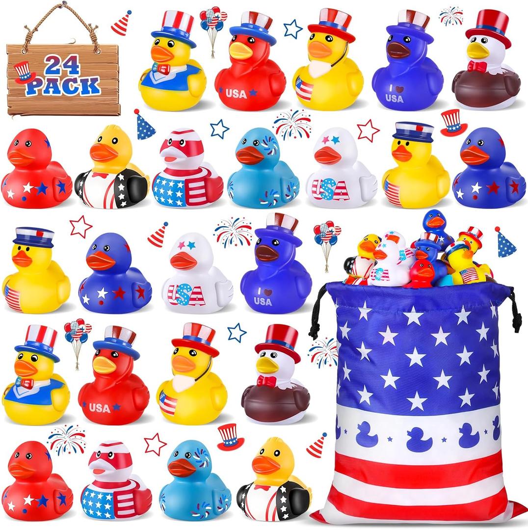 24 Pcs Patriotic Rubber Ducks, 4th of July Duck for Jeeps, 2.5 Inch Small Rubber Ducks Bulk for Independence Day, Memorial Day Party Favors Gifts Baby Shower Bath Summer Beach and Pool Toy for Kids