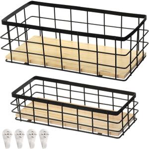 Dicunoy 2 Pack Rustic Metal Wire Storage Baskets, Narrow Storage Bin for Bathroom Counter, Farmhouse Organizing Container Caddy with Hooks for Toilet Paper, Pantry, RV, Office, Kitchen