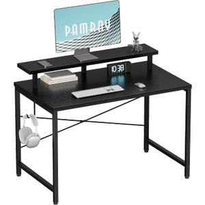 Pamray 32 Inch Small Computer Desk with Monitor Stand, Simple Office Desk with Headphone Hook for Small Spaces, Kids Study Writing Table for Bedroom, Black