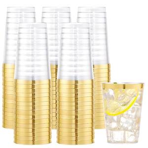 I00000 50PCS Gold Plastic Cups,10 oz Clear Plastic Cups with Gold Trim, Beer Mugs，Disposable Hard Cup For Party, Premium Cup Perfect for Wedding & Party