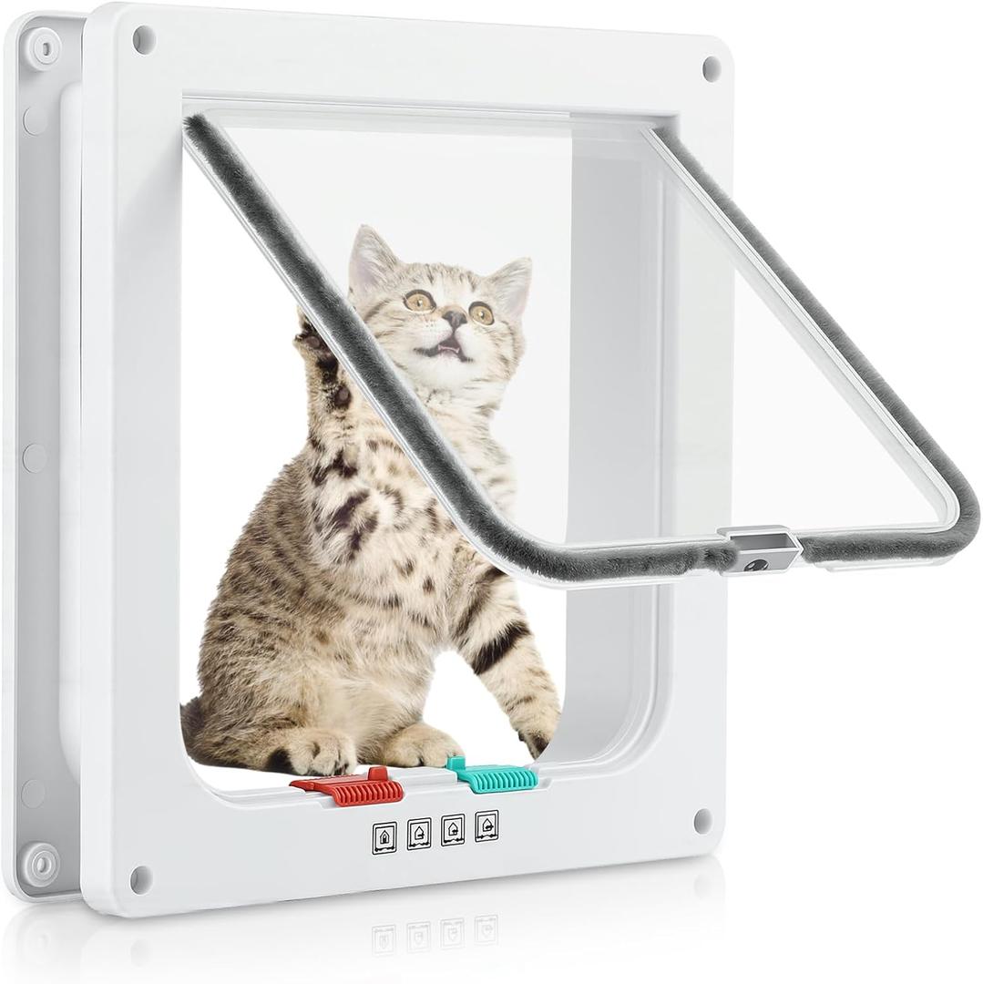 Cat Door for Interior Exterior Door (Outer Size 9.8" x 9.3"), 4-Way Locking Flap for Cats & Dogs(Circumference < 23"), Weatherproof Pet Door, White, ABS Material (L)