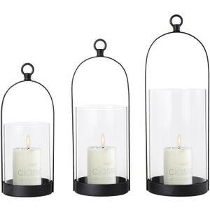 Denique Decorative Lanterns Candle Holder, Black Metal Candle Lanterns Set of 3, Hanging Lanterns Decor with Clear Glass for Indoor Outdoor, Iron Candle Holder for Table Centerpiece Fireplace Mantles
