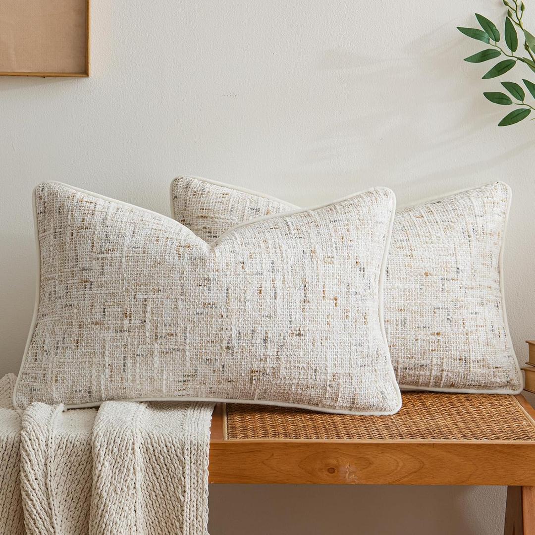 a moment Beige Reversible Pillow Covers 2 Pack - Farmhouse Chenille Throw Pillows, Neutral Textured Decorative Throw Pillow Covers with Border for Couch Sofa Bed (12x20 Inch, No Insert)