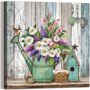 LAIART Farmhouse Decor Canvas Wall Art Lavender White Flowers Picture Vintage Wood Grain Modern Home Artwork, 20"L x 20"W