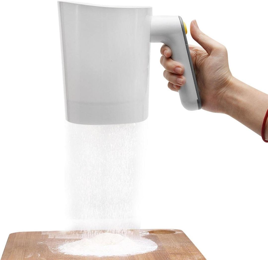 Electric Flour Sifter, Handheld Battery Operated Stainless Steel Mesh Shaker, Cup Shape Powder Shaker Strainer Kitchen Cooking Baking Pastry Tools 4 Cup/1L Capacity(White)