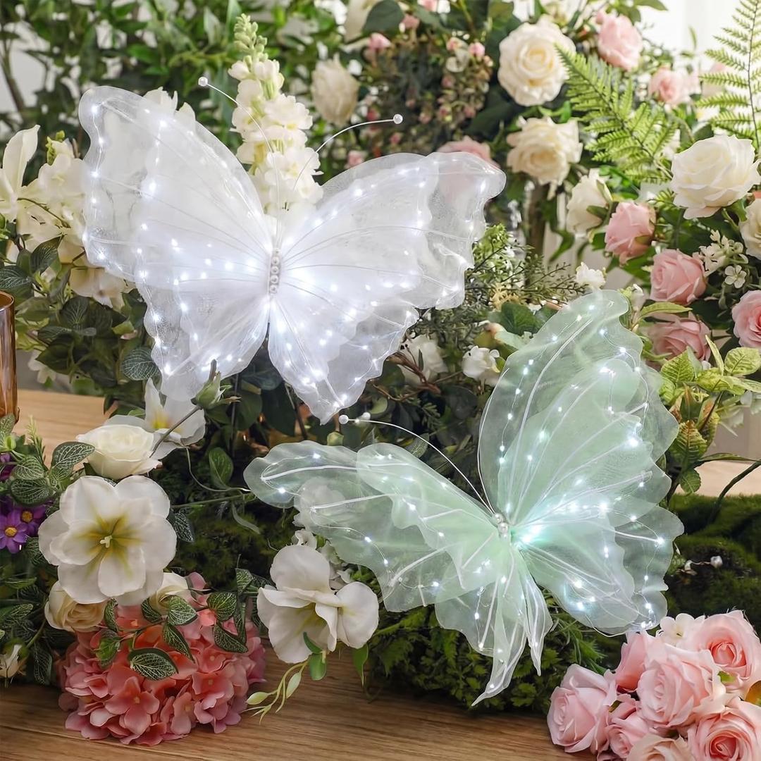 Yinkin 2 Pcs 20 Inch Large LED Butterfly Decorations Mariposas Grandes para Decoracion Giant Light up 3D Hanging Butterflies for Wedding Birthday Baby Shower Decor (Green,White)