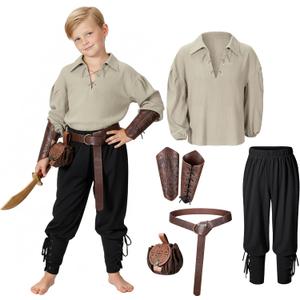 Kids Medieval Viking Pirate Renaissance Tunic Pants Accessories Costume for Boys Cosplay 3-14 Years