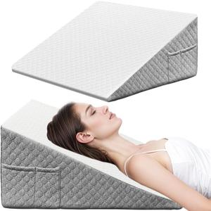 Wedge Pillow, 10 Inch Bed Wedge Pillow for Headboard, Pillow Wedge for Acid Reflux Relief, After Surgery, SleepingBack Pain Relief, Memory Foam Top, LightGrey