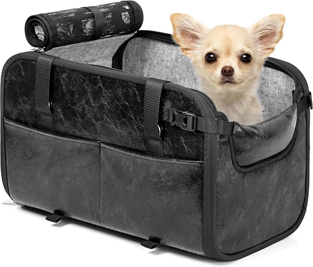 YUDODO Large Dog Car Seat for Center Console (Width >9in) Fits 10-20lbs Portable Travel Pet Car Seats with Safe Protective Hooks, Anti-Slip Pet Armrest Booster Seat, Premium PU Leather (Black)