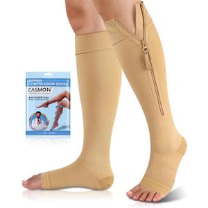 CASMON 15-20mmHg Zipper Compression Socks for Women and Men, Knee High Compression Stockings, Medical Open Toe Support Socks for Varicose Veins, Post-Surgery, Swelling, Nurses, Pregnancy (1 Pair) (XX-Large, Beige)