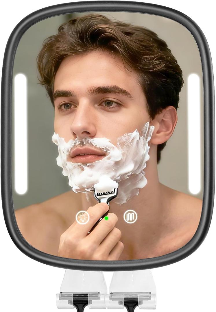 Showvigor Shower Mirror for Shaving with Light, Rechargeable Fogless Mirror with Adjustable, Heated Bathroom Mirror with 2 Razor Hooks & 4 Adhesive Wall Mounts, Grooming Gift for Men (Black)