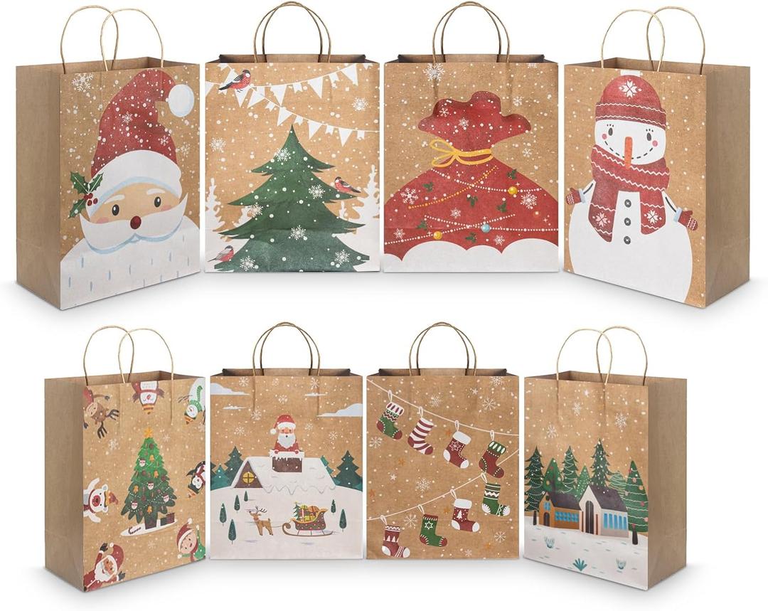 CHARMGIFTBOX Christmas Gift Bags, 24-Pack Kraft Paper Gift Bags with Handles, 12 Large 13 & 12 Medium 9 Assortment for Holiday Party Favors, Gift Wrapping, Xmas Decor