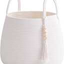 Large Nursery Hamper, 30L Blanket Basket with Handle, Baby Laundry Basket for Gift, Toy, Clothes, Woven Storage Basket with Wooden Bead Decor, Baby Hamper for Nursery (White)