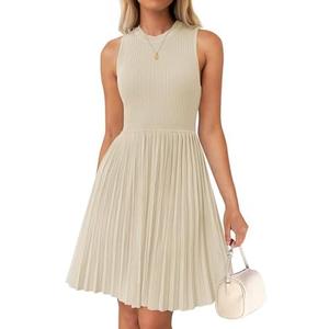 ZESICA Women's Summer Sleeveless Mini Dress 2026 Crewneck A Line Knit Pleated Swing Business Casual Work Party Short Dresses, XL