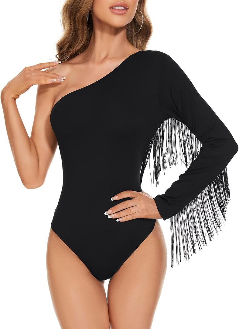 American Trends Women's Fringe Trim One Shoulder Long Sleeve Body Suits Concert Outfits Long Sleeve Bodysuit Tank Top (X-Large, 01 Shoulder Black)