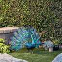 Alpine Corporation 23" Tall Outdoor Metallic Peacock Tail Spread Yard Statue, Vibrant Garden Sculpture for Patio, Lawn, or Entryway, Multicolor
