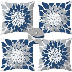 Qahing Pack of 4 Outdoor Waterproof Pillow Covers 18x18 Decorative Outdoor Throw Pillows Garden Square Cases for Patio Furniture, Couch, Tent Sunbrella, Bench, Blue Grey