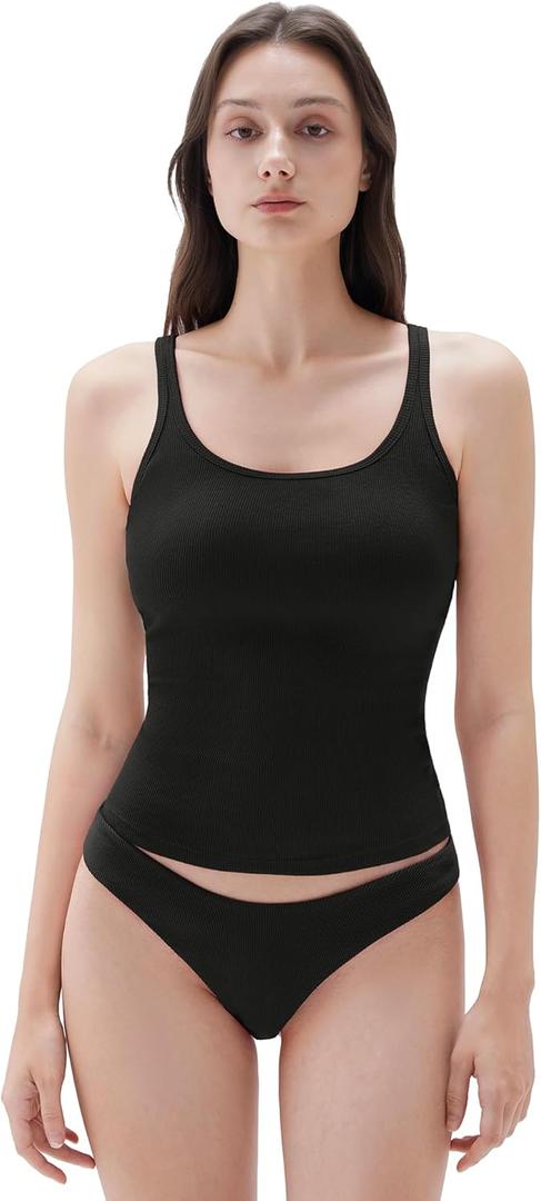 SUUKSESS Women Padded Cotton Ribbed Long Tank Tops 2025 Summer Going Out Basic Scoop Neck Cami Tops (Small, Black)