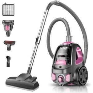 Canister Vacuum Cleaner, 32Kpa 1600W Bagless Vacuum Cleaner, Dust Full Indicator, H13 HEPA Filter, 3.7Qt Large Capacity, Lightweight Vac for Hard Floors, Carpet, Pet, Upholstery, Pink