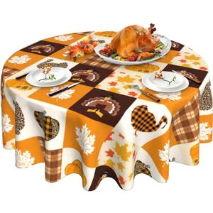 Thanksgiving Tablecloth, Fall Leaf Pumpkin Turkey Round Tablecloth 60 Inch, Autumn Buffalo Plaid Table Cloth for Rustic Farmhouse Kitchen Decor, Holiday Outdoor Wipeable Polyester Fabric Table Cover