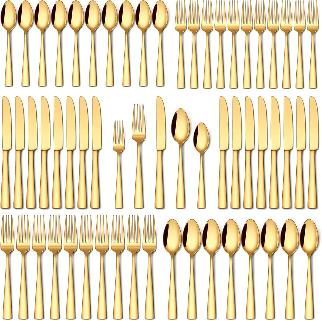 Stapava 60 Pcs Gold Silverware Set, Food-Grade Stainless Steel Flatware Sets for 12 Mirror Polished Cutlery Utensil Sets Include Dinner Knives Spoons and Forks Set Dishwasher Safe for Home Restaurant
