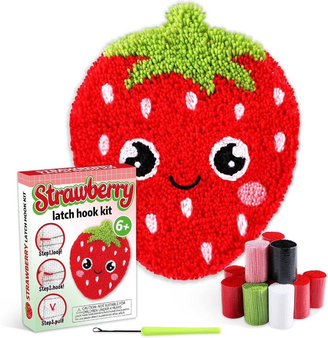 Strawberry Latch Hook Mini Rug Kit, Strawberry DIY Valentine Craft for Kids Adults, Beginner Making Your Own Crochet Carpet, Printed Canvas Yarn Rug Hooking Kit, Cross Sewing, Christmas Gift for Home Decor