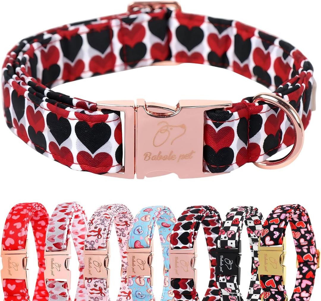 Valentines Dog Collar, Red Black Heart Valentine Pet Collar with Metal Buckle, Durable Adjustable Holiday Dog Collars for Small Medium Large Dogs XS