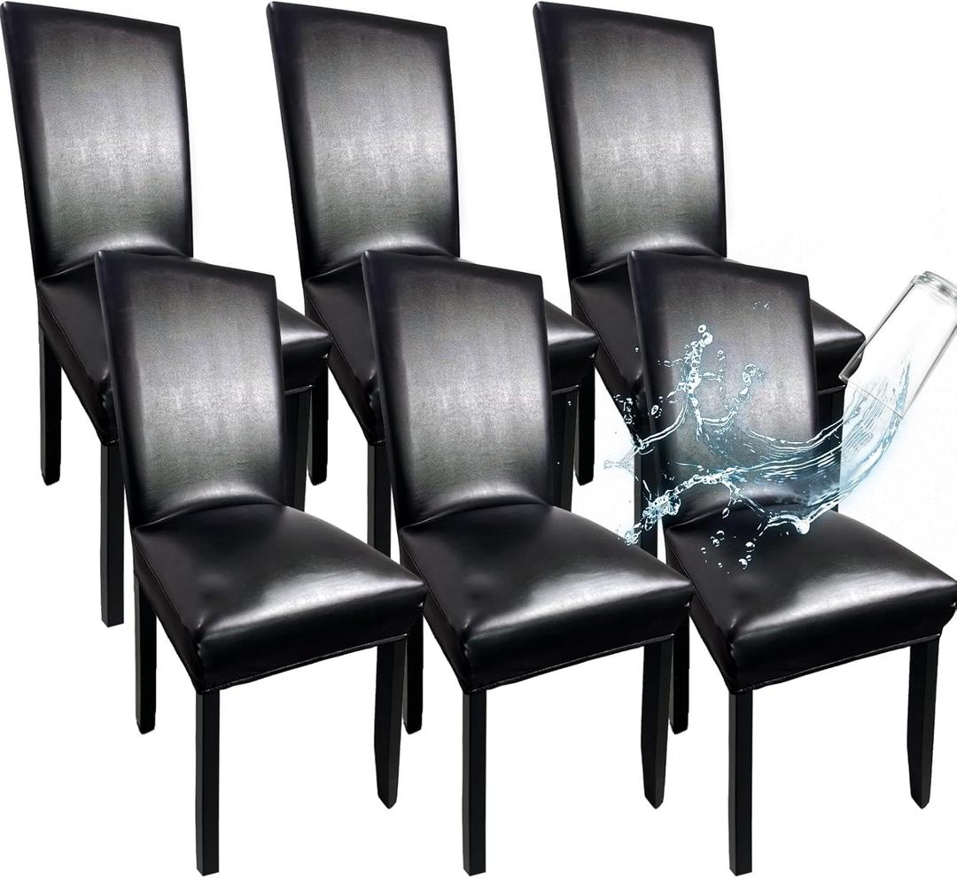 Leather Chair Covers for Dining Chairs Set of 6, Super Stretch Waterproof Kitchen Chair Covers Thickened Washable Dining Chair Slipcovers Black Chair Seat Covers for Dining/Kitchen/Banquet