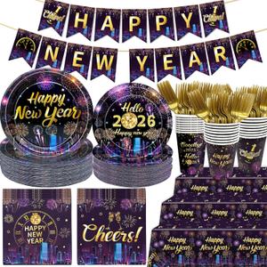 137Pcs New Years Eve Party Supplies Happy New Year 2026 Decorations New Years Eve Decorations Tableware Set with Happy New Year Banner Plates and Napkins
