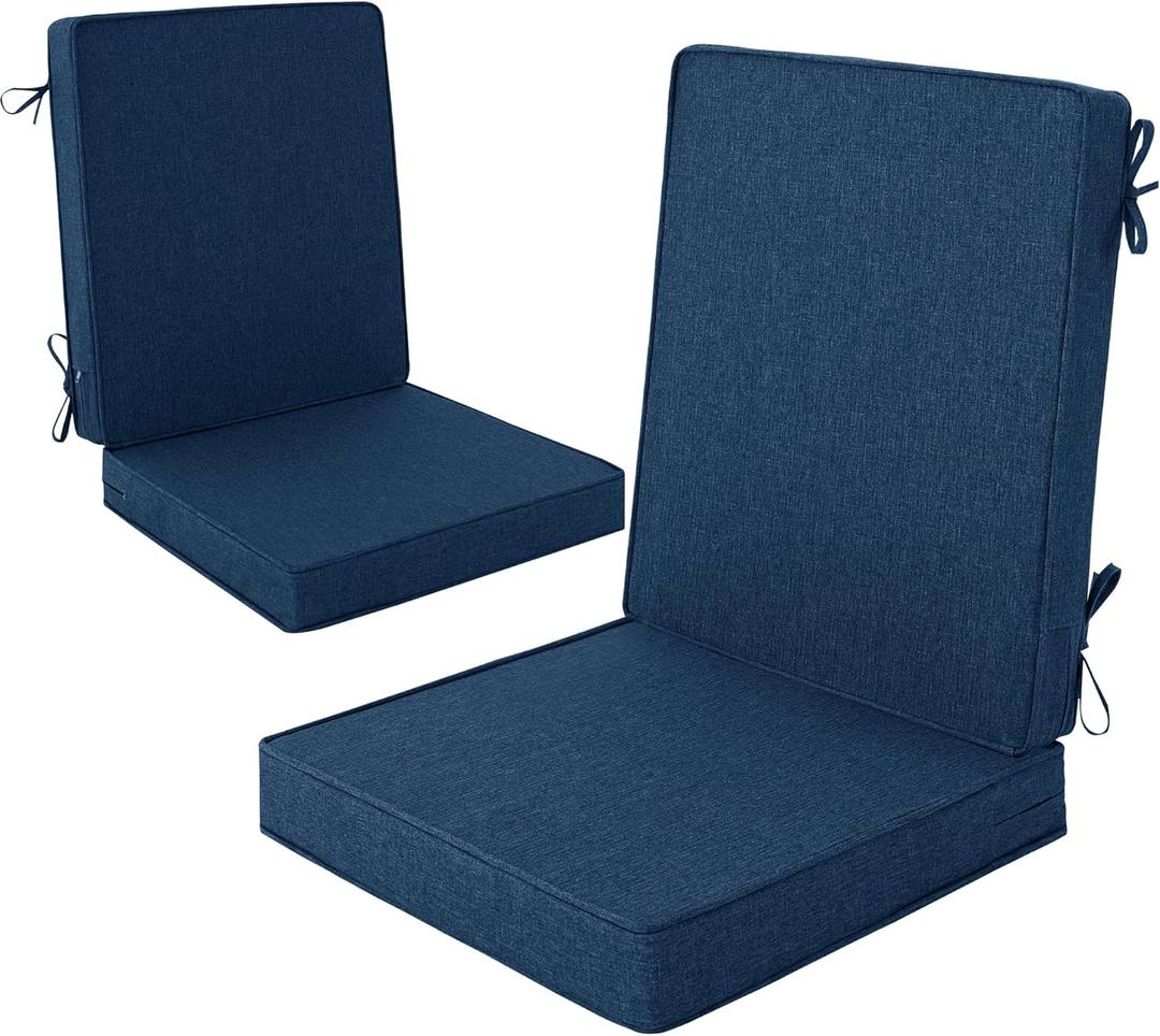 Outdoor Chair Cushions 20x20, Water-Resistant & Fade-Resistant, Patio Furniture Lawn Dining Chair Seat Replacement with High Back, Ties Zipper, Removable Cover, Set of 2, Navy Blue