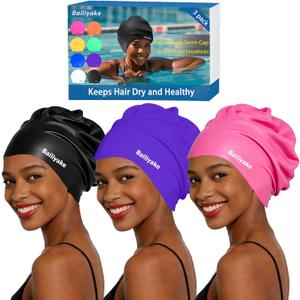3 Pack Extra Large Swim Cap for Braids & Dreadlocks - Waterproof Silicone Swim Hat for Women with Long Thick Hair, Protective Swim Cap Cover Ears for Swimming, Shower, Bathing (Black+Pink+Purple)