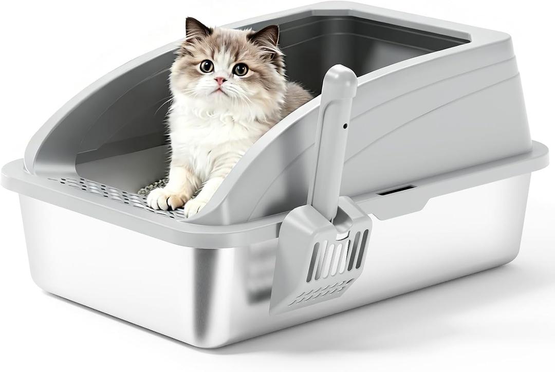Stainless Steel Cat Litter Box with Lid, Metal Kitty Litter Box with Scoop, Non-Stick Base, Easy to Clean for Cat, Rabbit, Guinea Pigs and Hamsters - Light Gray