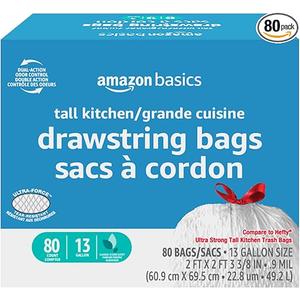 Basics UltraForce Tall Kitchen Drawstring TrashBags, Classic Clean Scented, 13 Gallon, 80 Count with Odor Control