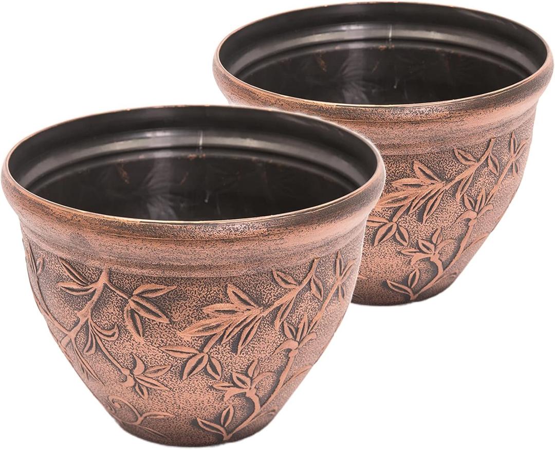 Vine Pattern Unique Greek Style Rustic Plastic Planter 10X8 2 Pack Flowerpot for Indoor Outdoor Garden Patio Office Home Decor (Copper)