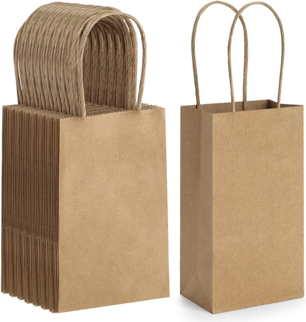 BagDream 50 Pack 3.5x2.4x6.7 Inches Small Kraft Paper Gift Bags with Handles Bulk Mini Party Favor Bags Candy Bags 100% Recyclable Brown Paper Bag