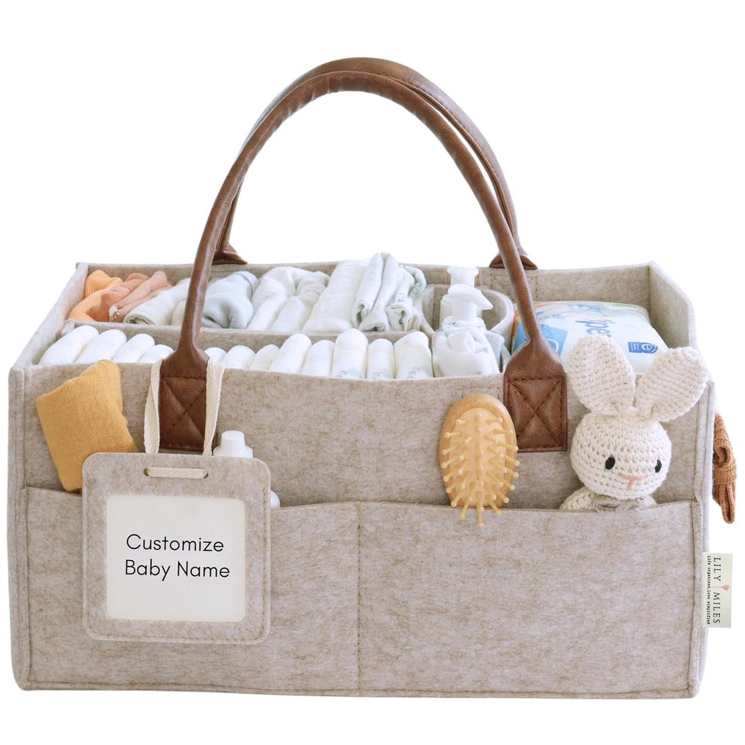 Lily Miles Baby Diaper Caddy Organizer, Nursery Storage Basket for Newborn Essentials, Neutral Gift for Baby Shower, Registry Must-Have, Car Organizer for Diapers and Wipes - Sand, Large (Large (Pack of 1))