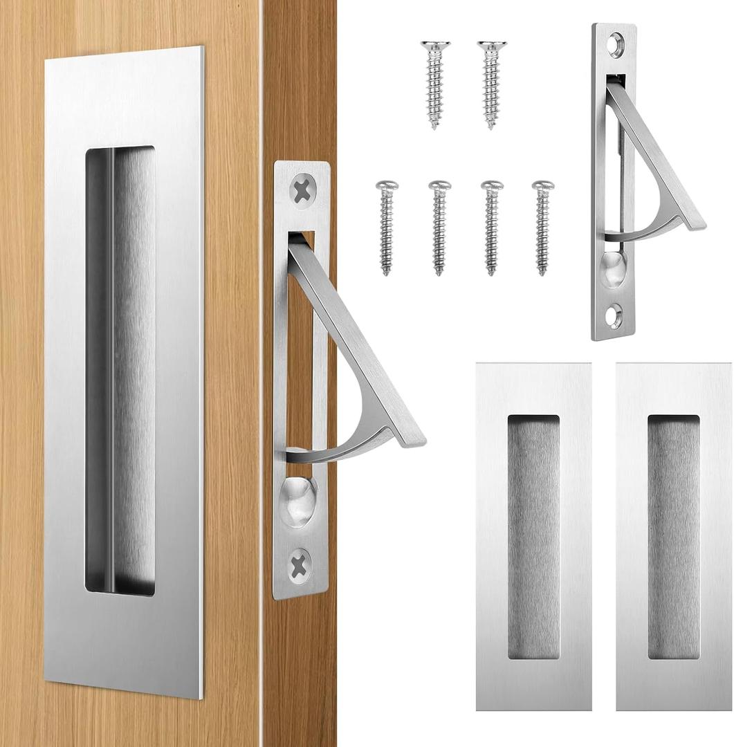 HBL' Pocket Door Hardware Set  2 Recessed Flush Finger Pulls & 1 Edge Pull, Made of 304 Stainless Steel, Template Included, Silver.