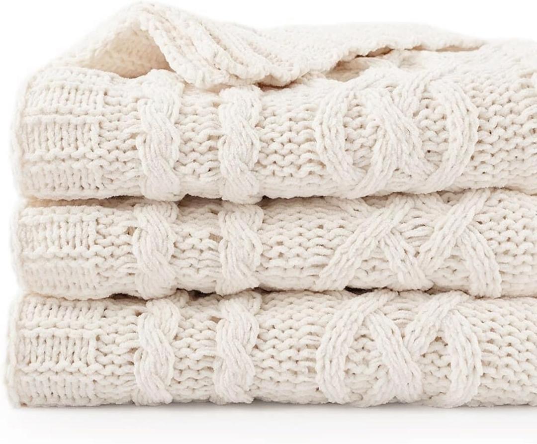 Battilo Cream White Ivory Throw Blanket for Couch, 51x 67 Inch, Woven Chenille Knit Throw Blanket for Chair, Super Soft Warm Decorative Textured Throw Blanket for Bed, Sofa and Living Room.