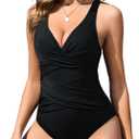 2 x HEEKPEK Womens Tummy Control Swimsuits One Piece Bathing Suit Front Cross Tie Back Slimming Ruched Push Up Padded Swimwear (Black, M)
