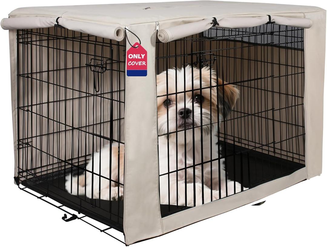 HiCaptain Dog Crate Cover 24.0" L x 18.0" W x 20.0" H with Breathable Mesh, Durable Heavy Duty Kennel Cover, Dual Zippered Panels, Windproof Waterproof UV-Resistant(Beige)