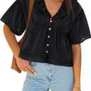 Cicy Bell Womens Cropped Babydoll Tops Summer Eyelet V Neck Short Sleeve Cute Blouses Ruffle Shirts (Black, S)