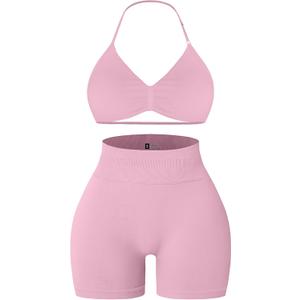 Comper 2 Piece Workout Sets for Women Halter Strappy Sports Bra with Seamless Ribbed Gym Yoga shorts Outfits (Pink, S)