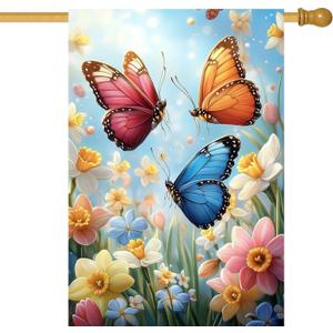 Large Spring Summer Garden Flags for Outside 28 x 40 Double Sided, Spring Summer House Flags, Burlap Seasonal Outdoor Flag Butterfly Narcissus Floral Farmhouse Yard Decorations