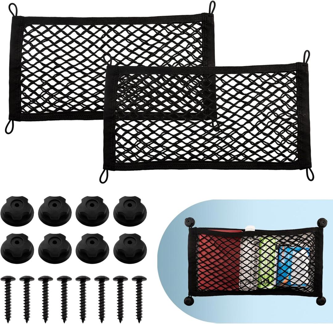 2 Pack Small Cargo Net Pocket Storage Pouch Bag 21 x 9.8 Inches RV Netting Elastic Automotive Cargo Nets with 8 Mounting Screws, Storage Mesh for Car Trunk SUV Boats