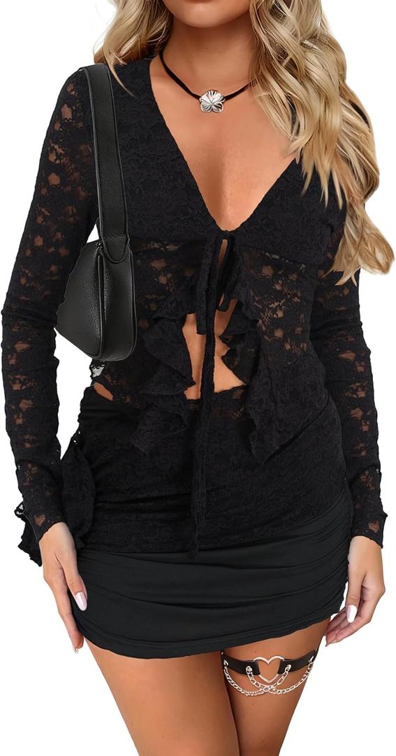 CSDAJIO 2 Piece Outfits for Women Floral Lace Open Front Tie Up Long Sleeve Crop Top Blouse Shirt and Mini Skirt Set (Medium, Dpattern Black)