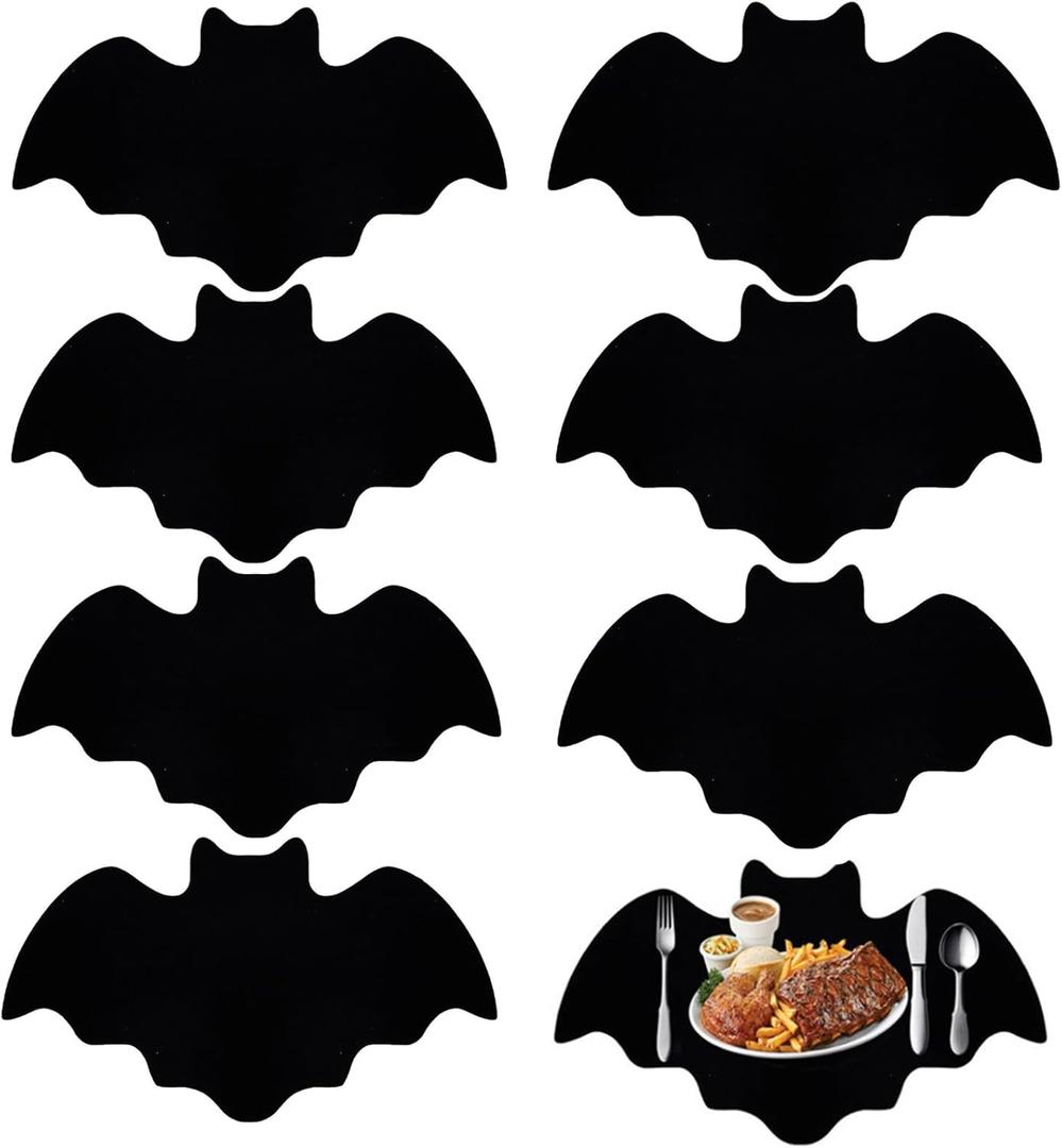8 pcs Halloween Bat Placemats Set Black Non Slip Felt Placemats for Halloween Party Dining Table Decorative