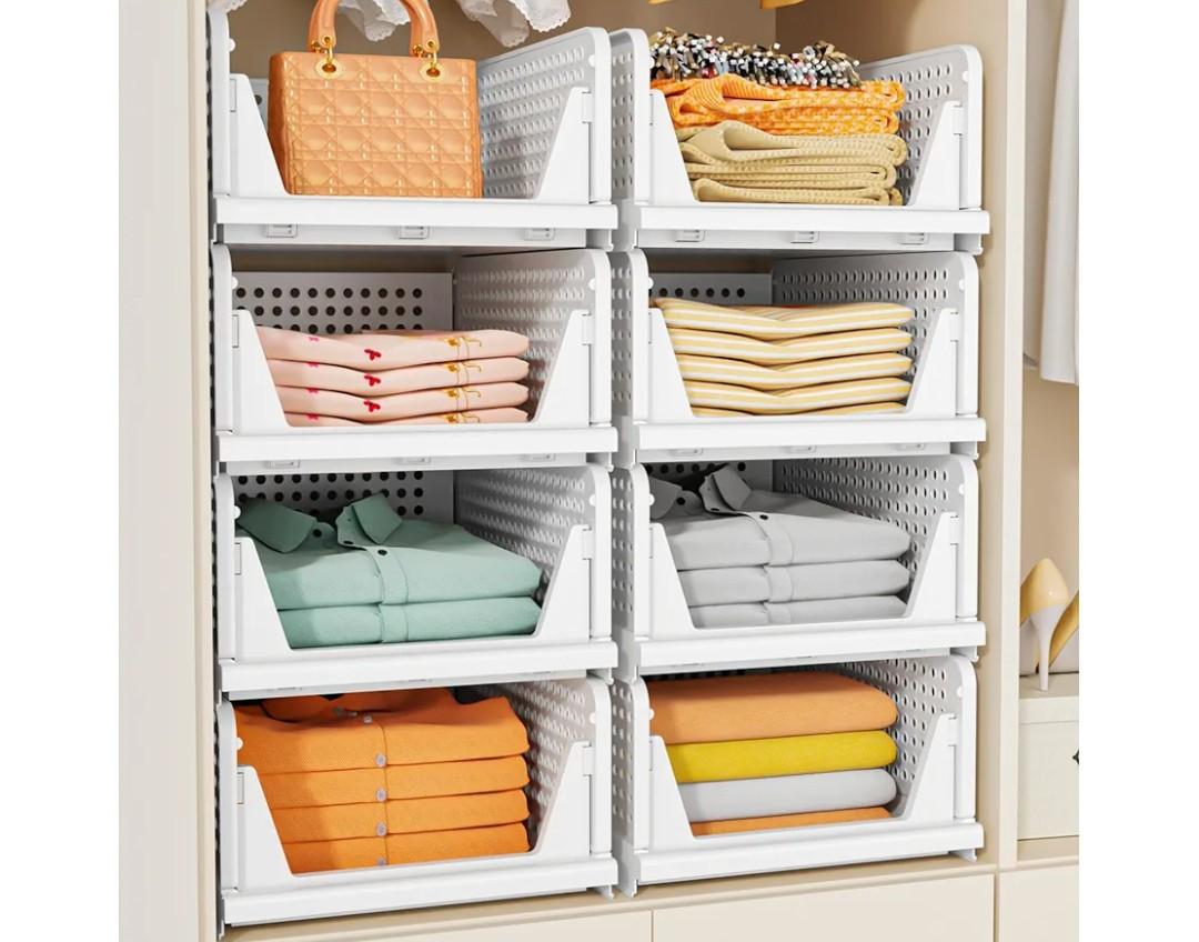 SNSLXH 5 Pack Stackable Closet Storage Basket, Multifunctional & Foldable Closet Organizer for Bathroom Kitchen Laundry Room Wardrobe Storage, Space-Saving Clothes Storage Drawer Organizer, White