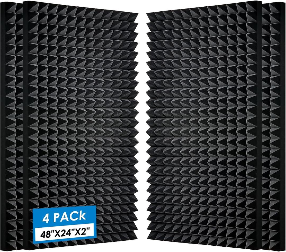 Acoustic Foam Panels, 48 x 24x 2 Inches, Pyramid Design, 4 Pack, Sound Proof, High Density, Fire Resistant, Black, for Wall and Ceiling (Black 4PCS)
